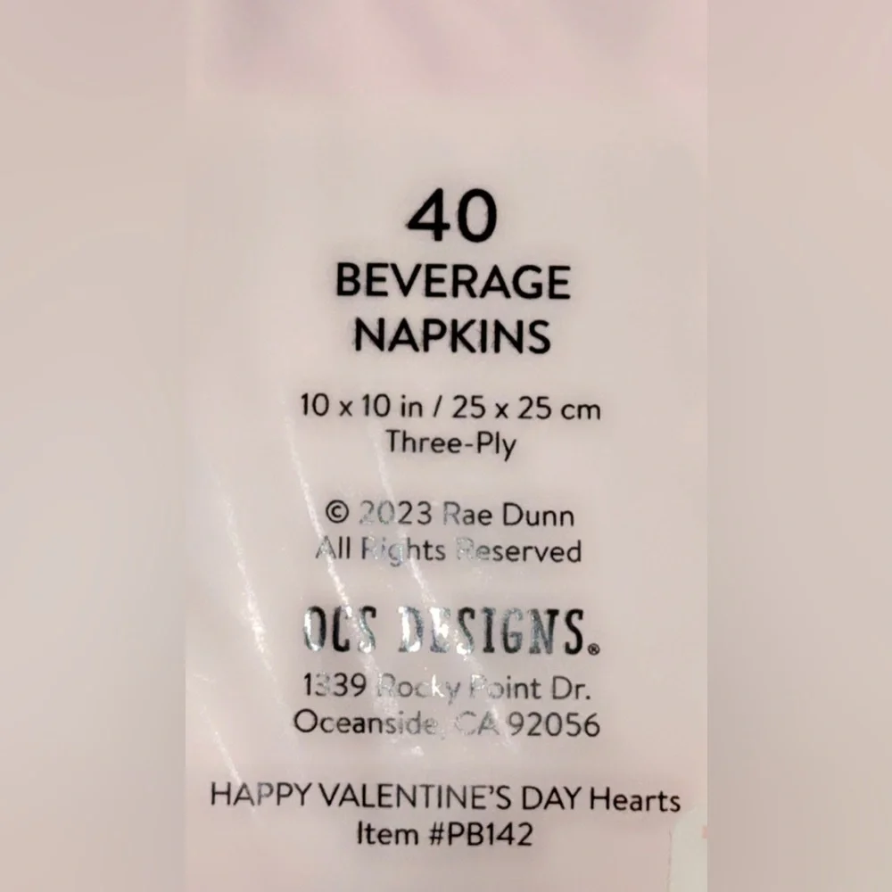 NWT Rae Dunn Pink Valentine's Day/Hearts Beverage Napkins 10x10/3 Ply 40 count